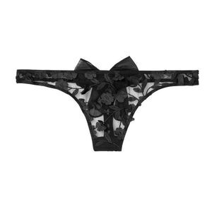 Victoria's Secret Floral Applique Bow Back Mesh Thong Panty Black Size Medium